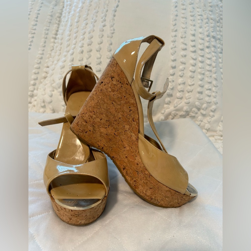 Jimmy Choo patent leather nude wedges